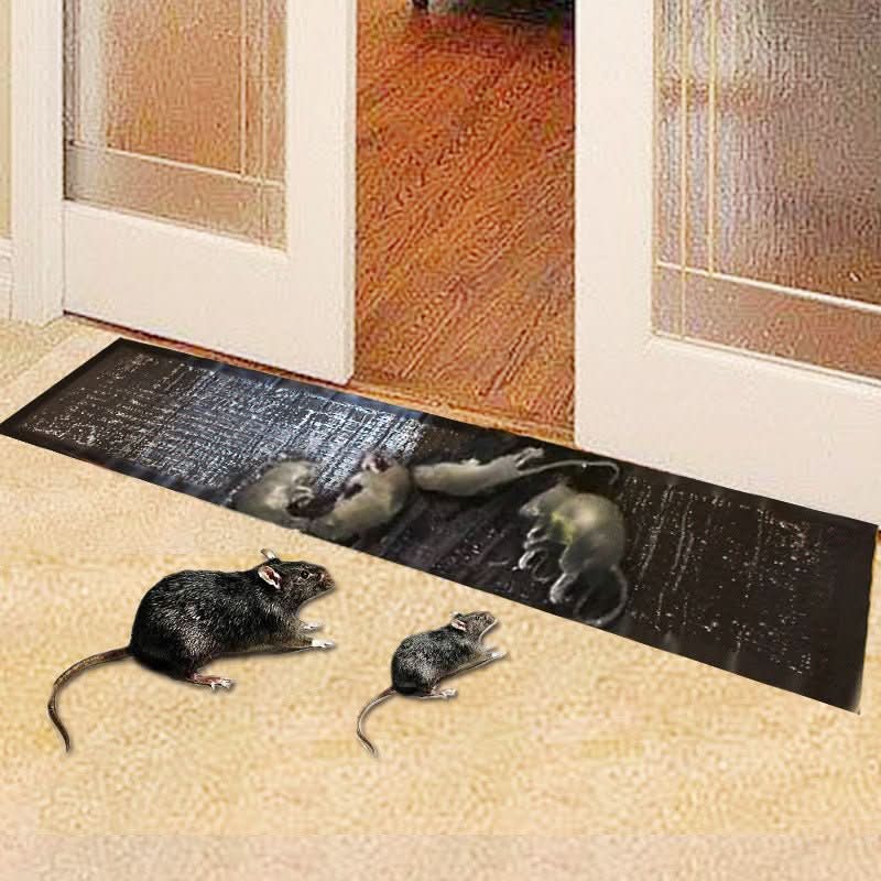 Black rectangular pest control mat with crossed-out mouse graphic