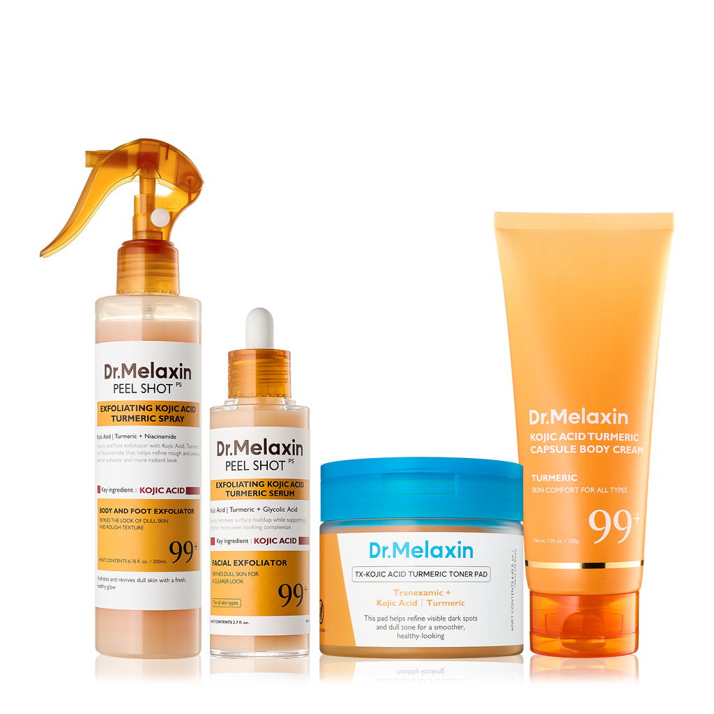 Four-piece kojic acid face and body care set with spray, serum, toner pads and body cream