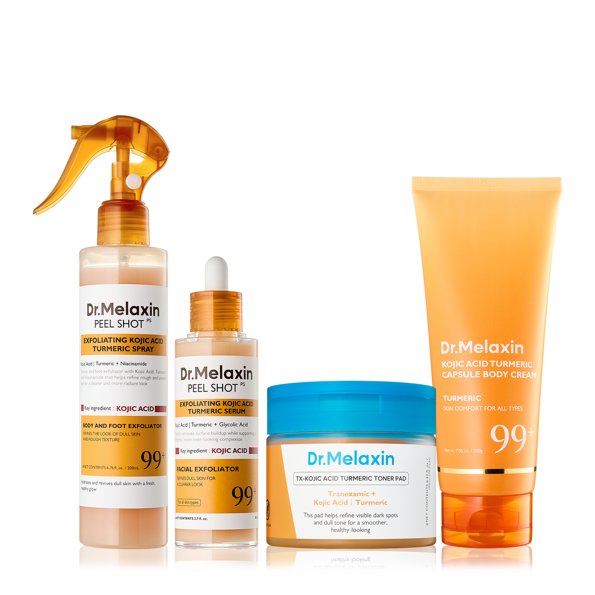 Four-piece kojic acid face and body care set with spray, serum, toner pads and body cream