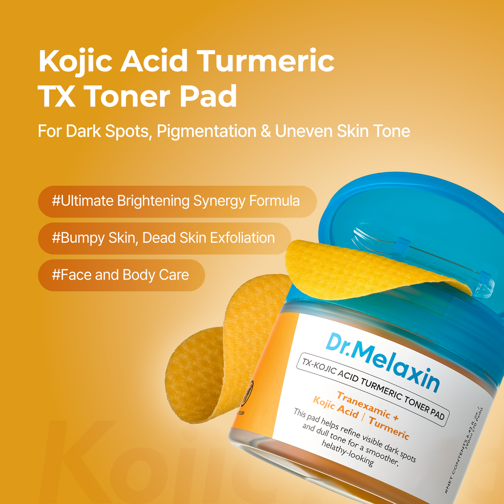 Four-piece kojic acid face and body care set with spray, serum, toner pads and body cream