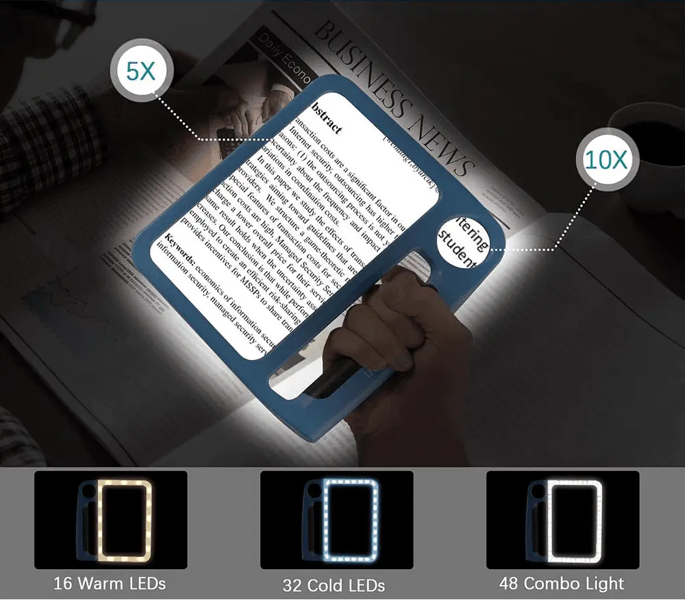 Handheld LED magnifying glass with large rectangular lens, circular lens and integrated handle