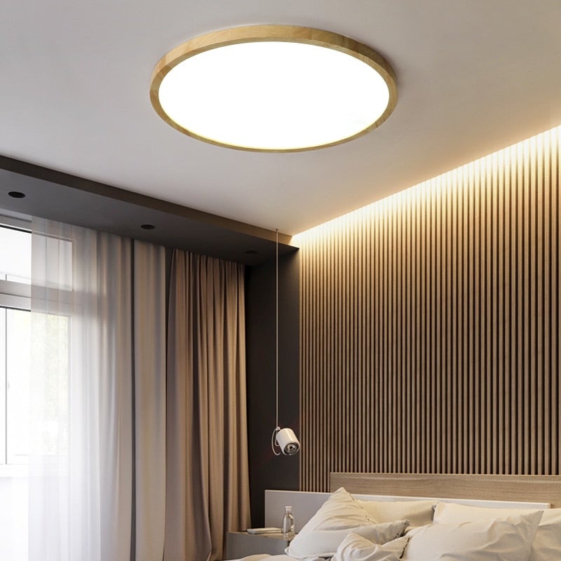 Round dimmable LED ceiling light with a light wood-effect surround