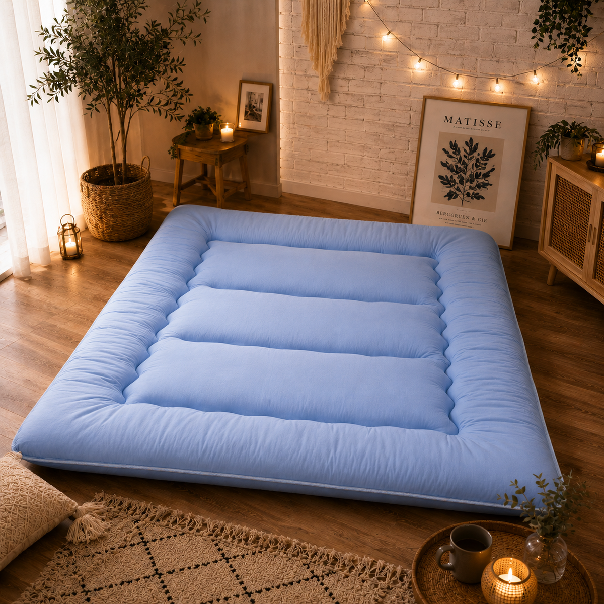 Foldable padded Japanese floor mattress with a raised border