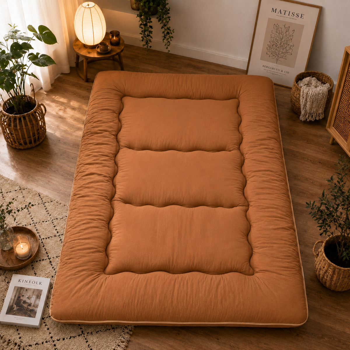 Foldable padded Japanese floor mattress with a raised border