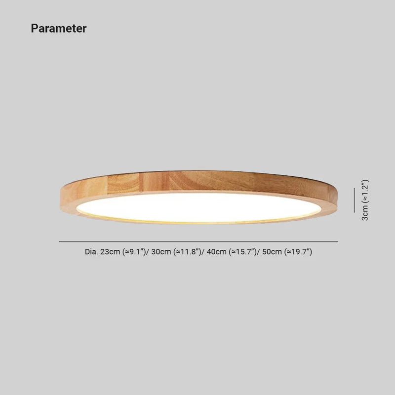 Round dimmable LED ceiling light with a light wood-effect surround