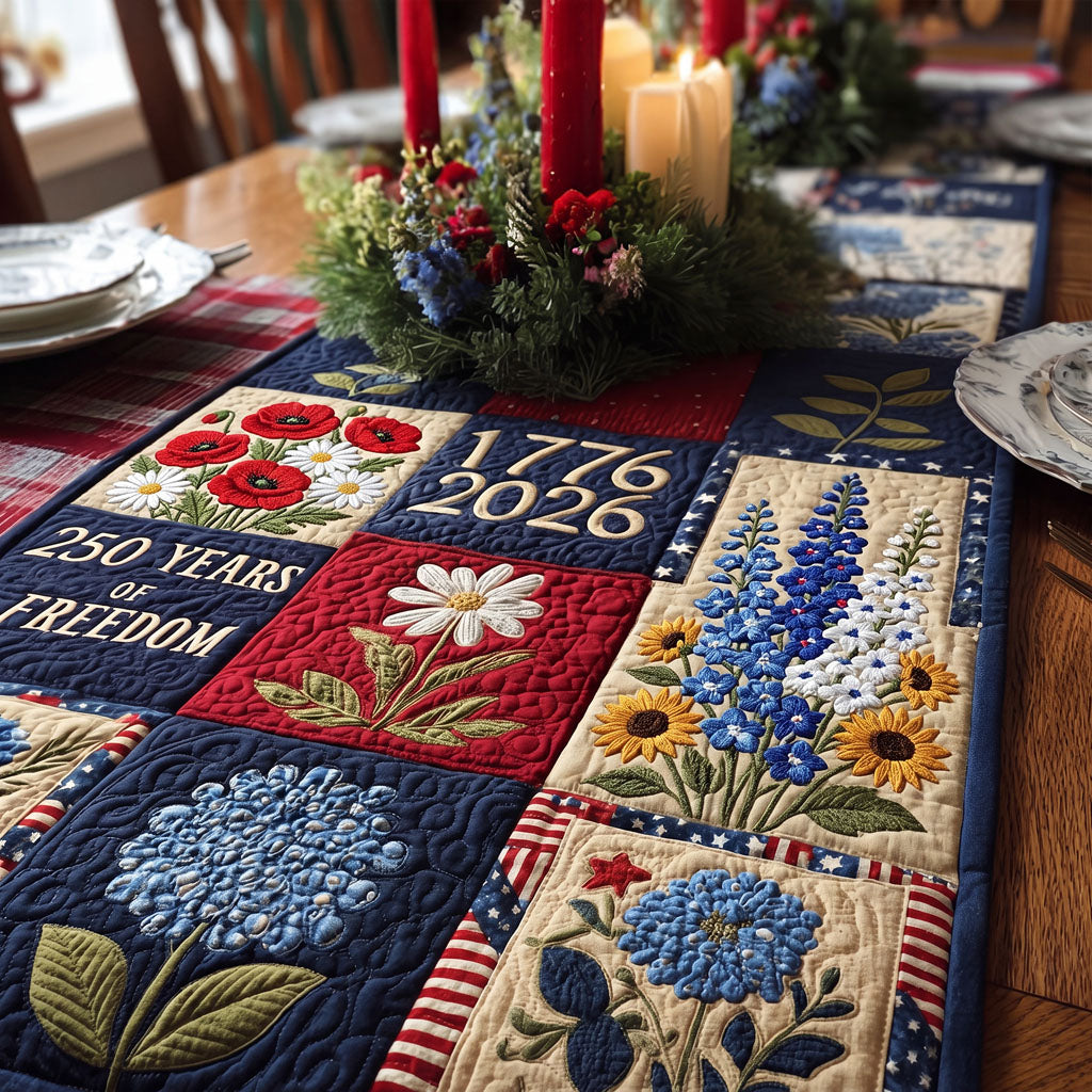 Quilted patriotic patchwork table runner with floral and star panels