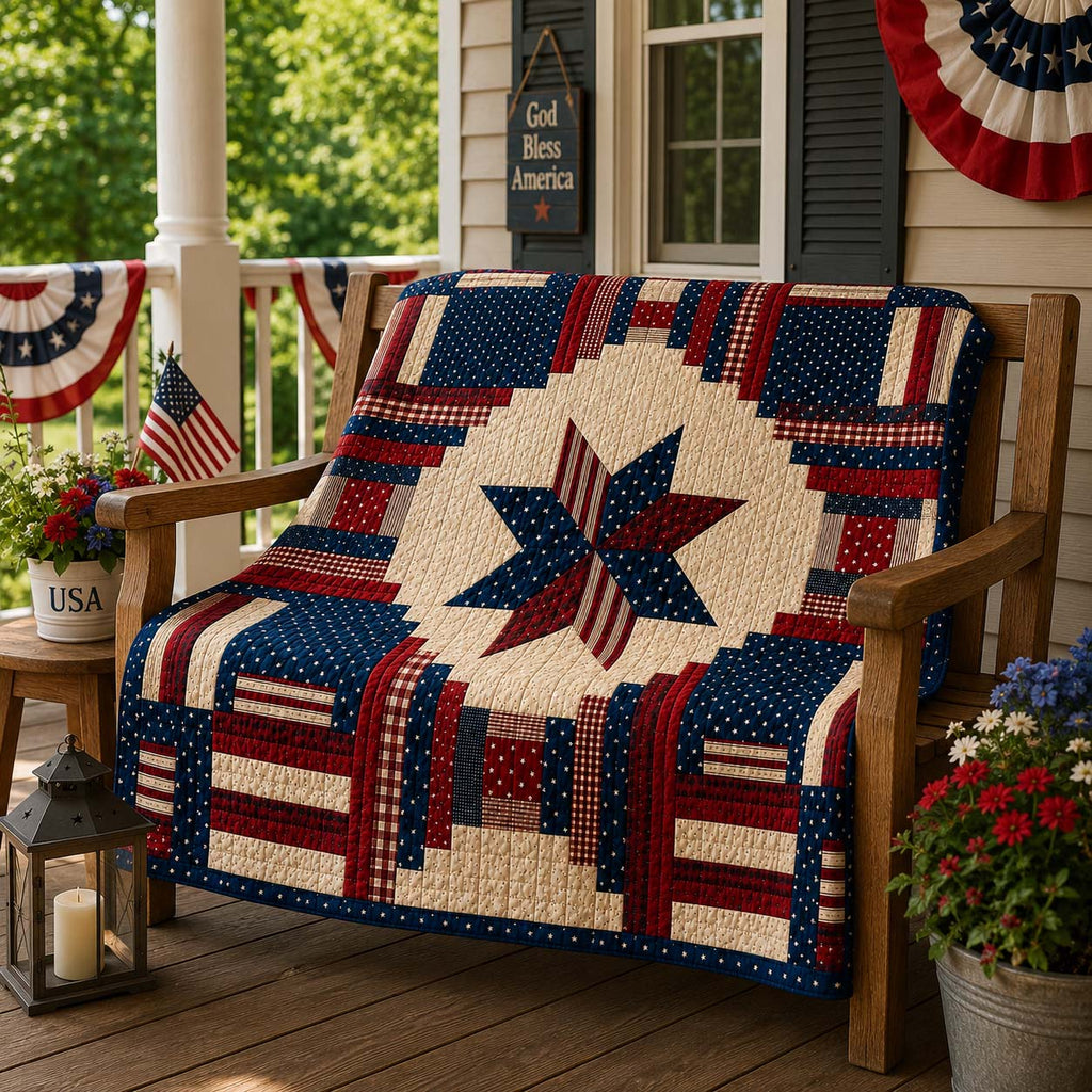 Quilted patchwork blanket with red blue and cream star design
