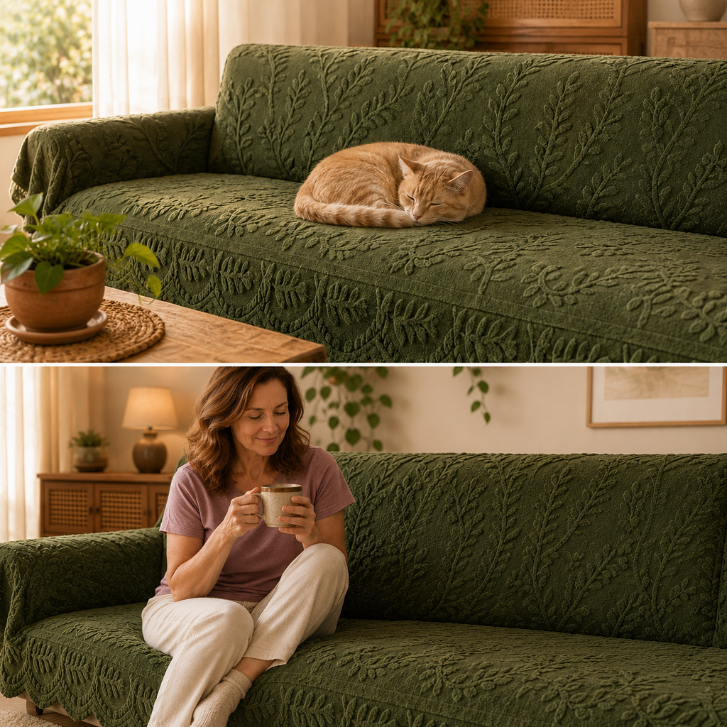 Plush sofa cover with raised botanical leaf texture and scalloped edge