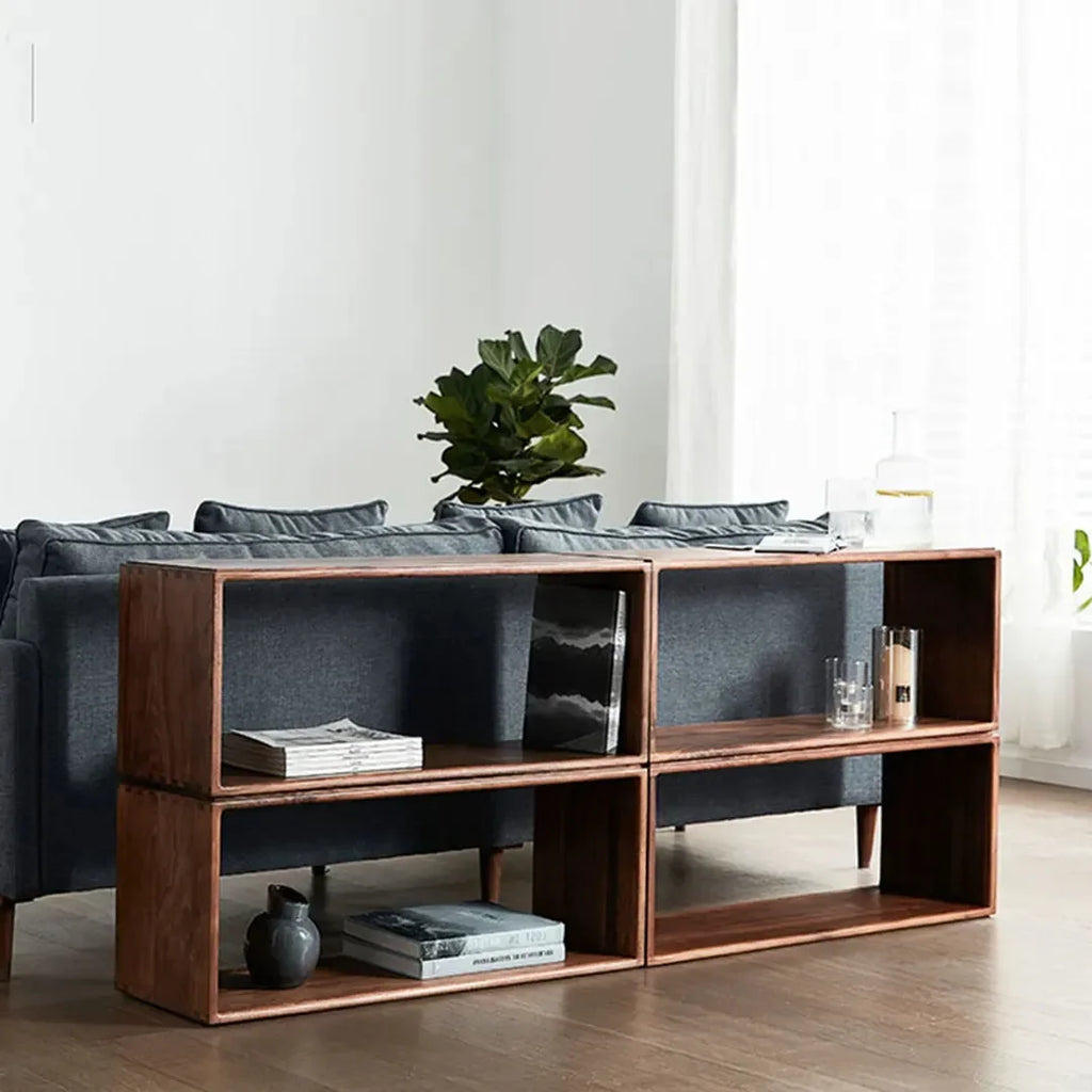 Extendable brown wood-effect open storage unit arranged as a TV stand