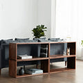 Extendable brown wood-effect open storage unit arranged as a TV stand