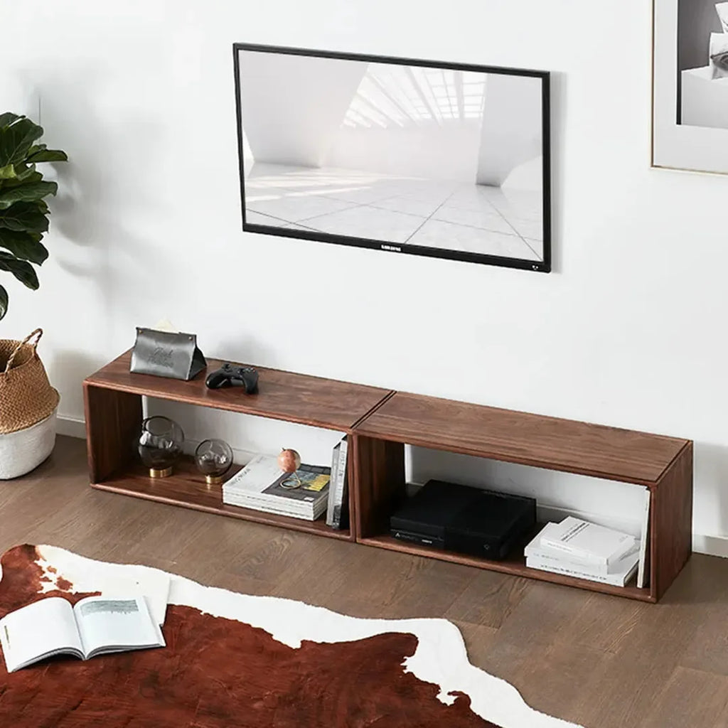 Extendable brown wood-effect open storage unit arranged as a TV stand