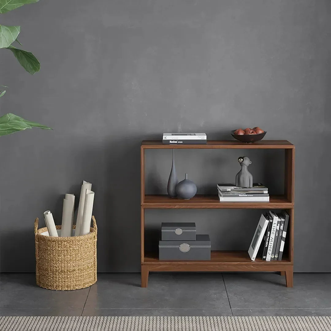 Extendable brown wood-effect open storage unit arranged as a TV stand