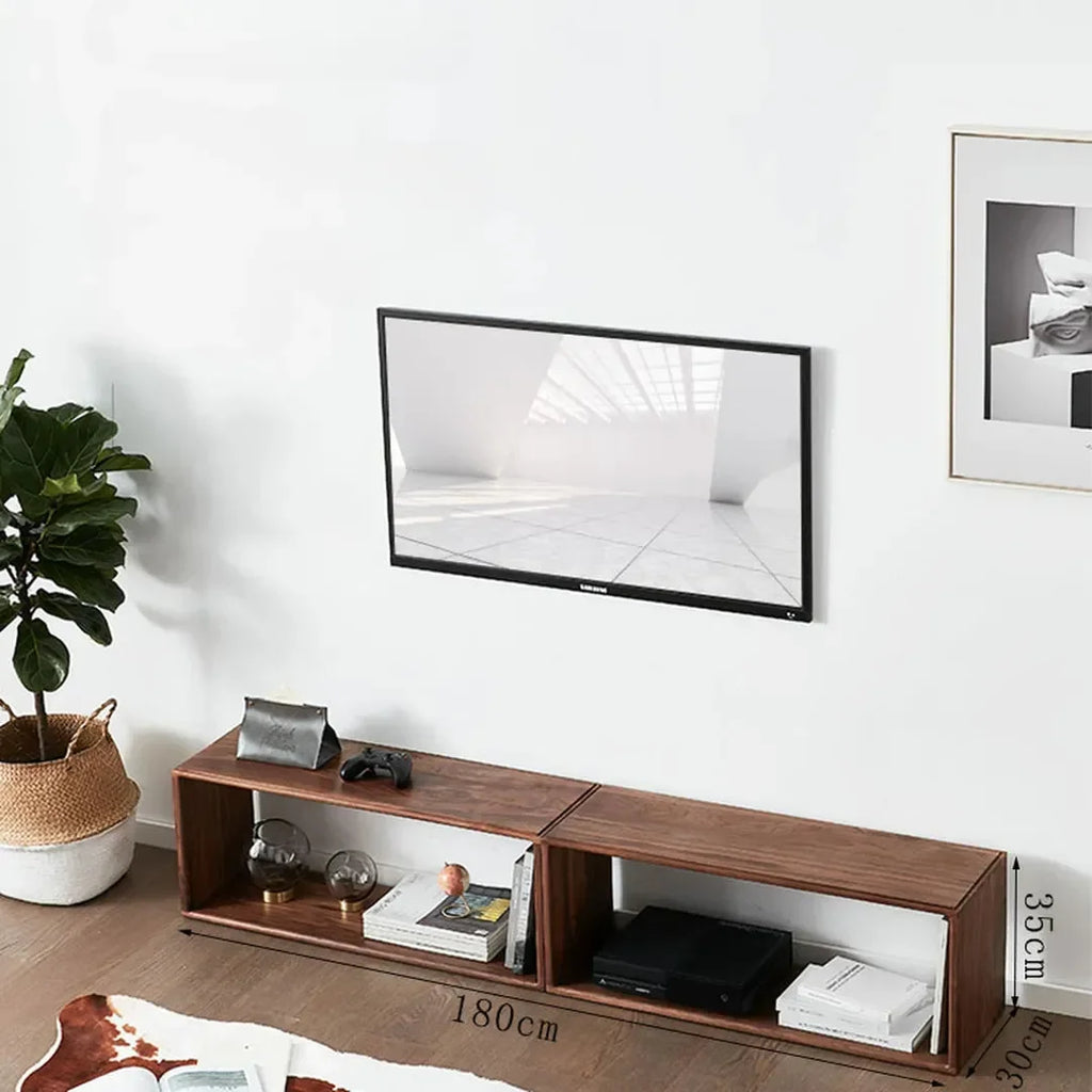 Extendable brown wood-effect open storage unit arranged as a TV stand