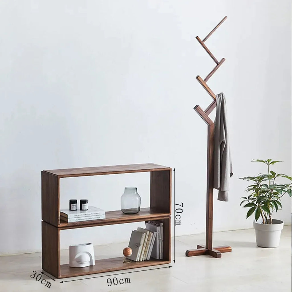 Extendable brown wood-effect open storage unit arranged as a TV stand