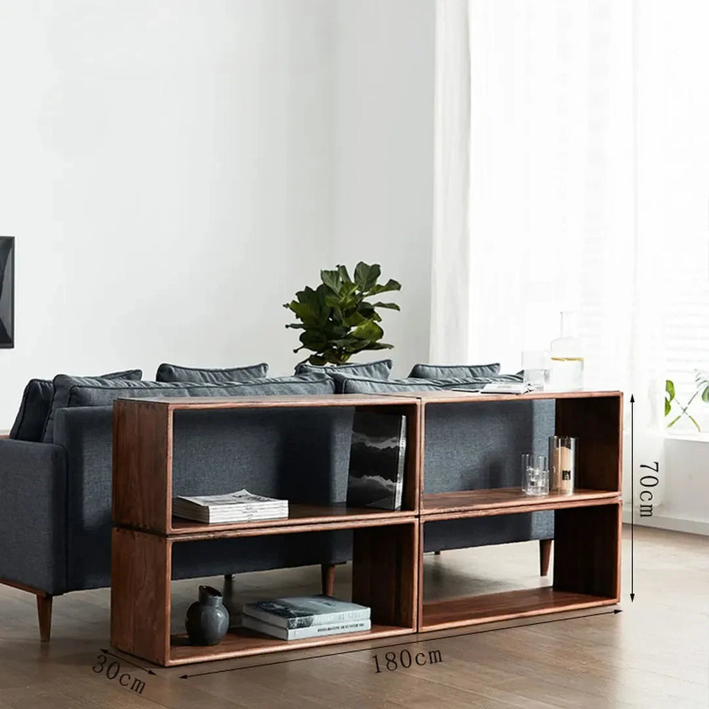 Extendable brown wood-effect open storage unit arranged as a TV stand