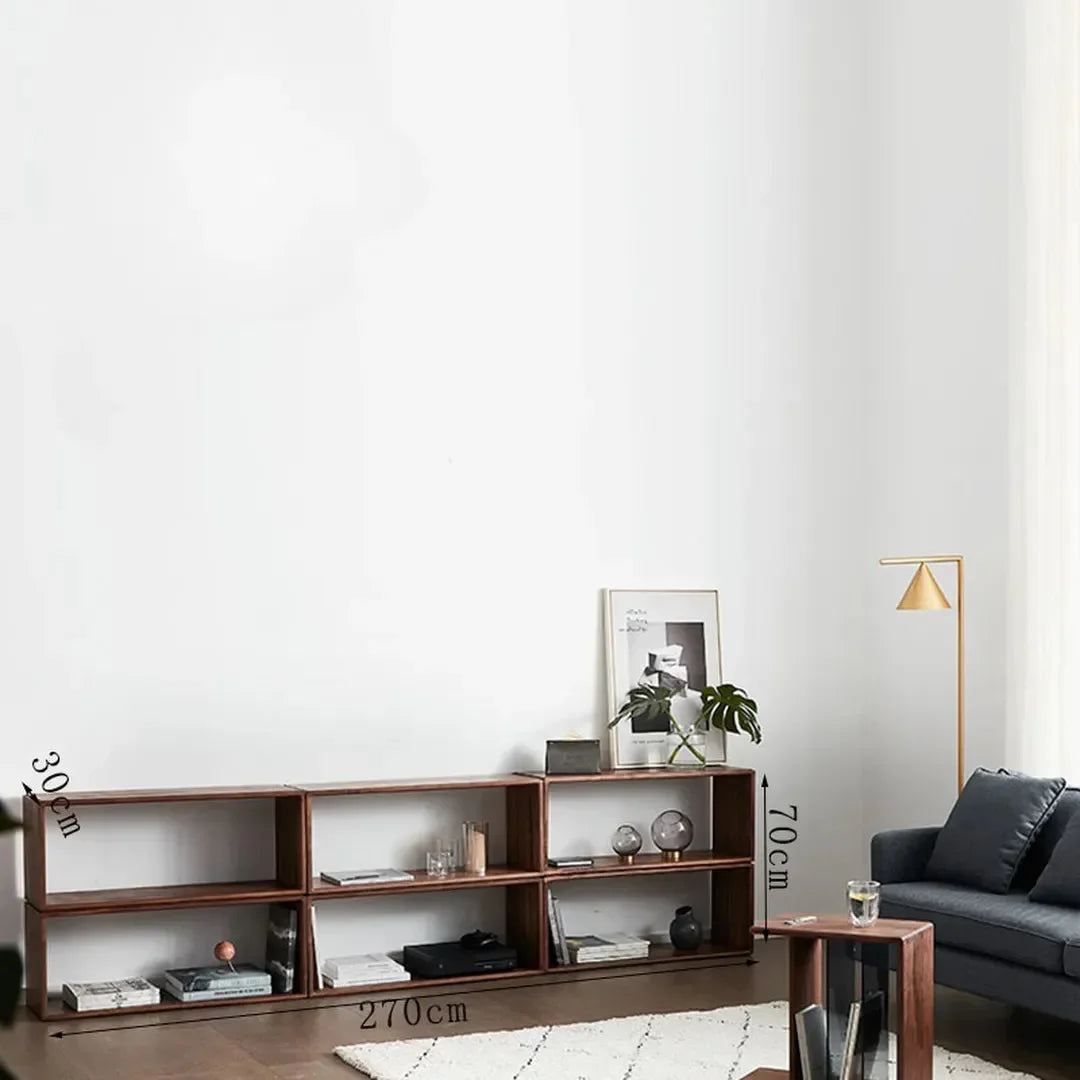 Extendable brown wood-effect open storage unit arranged as a TV stand