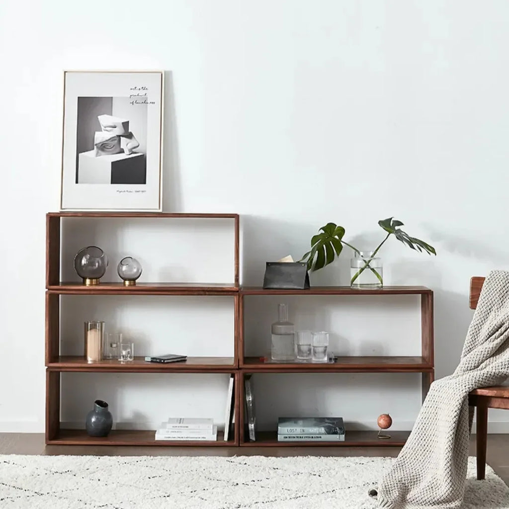 Extendable brown wood-effect open storage unit arranged as a TV stand