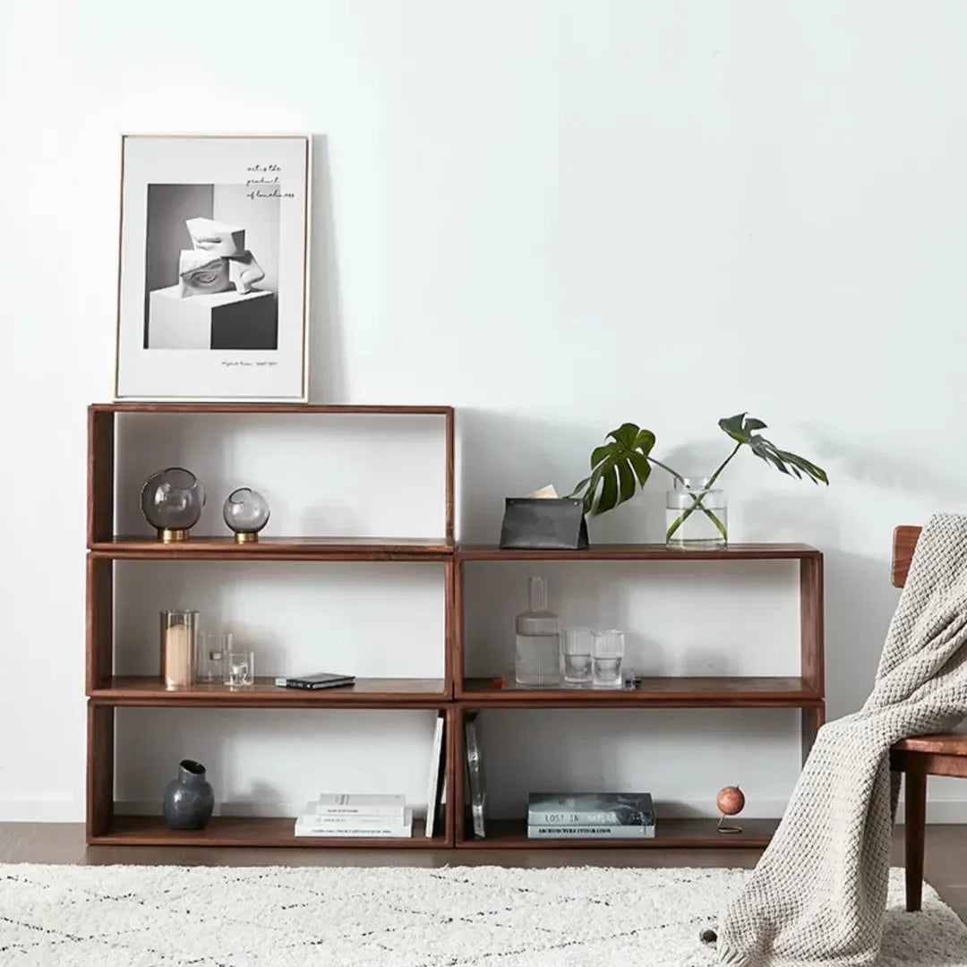 Extendable brown wood-effect open storage unit arranged as a TV stand