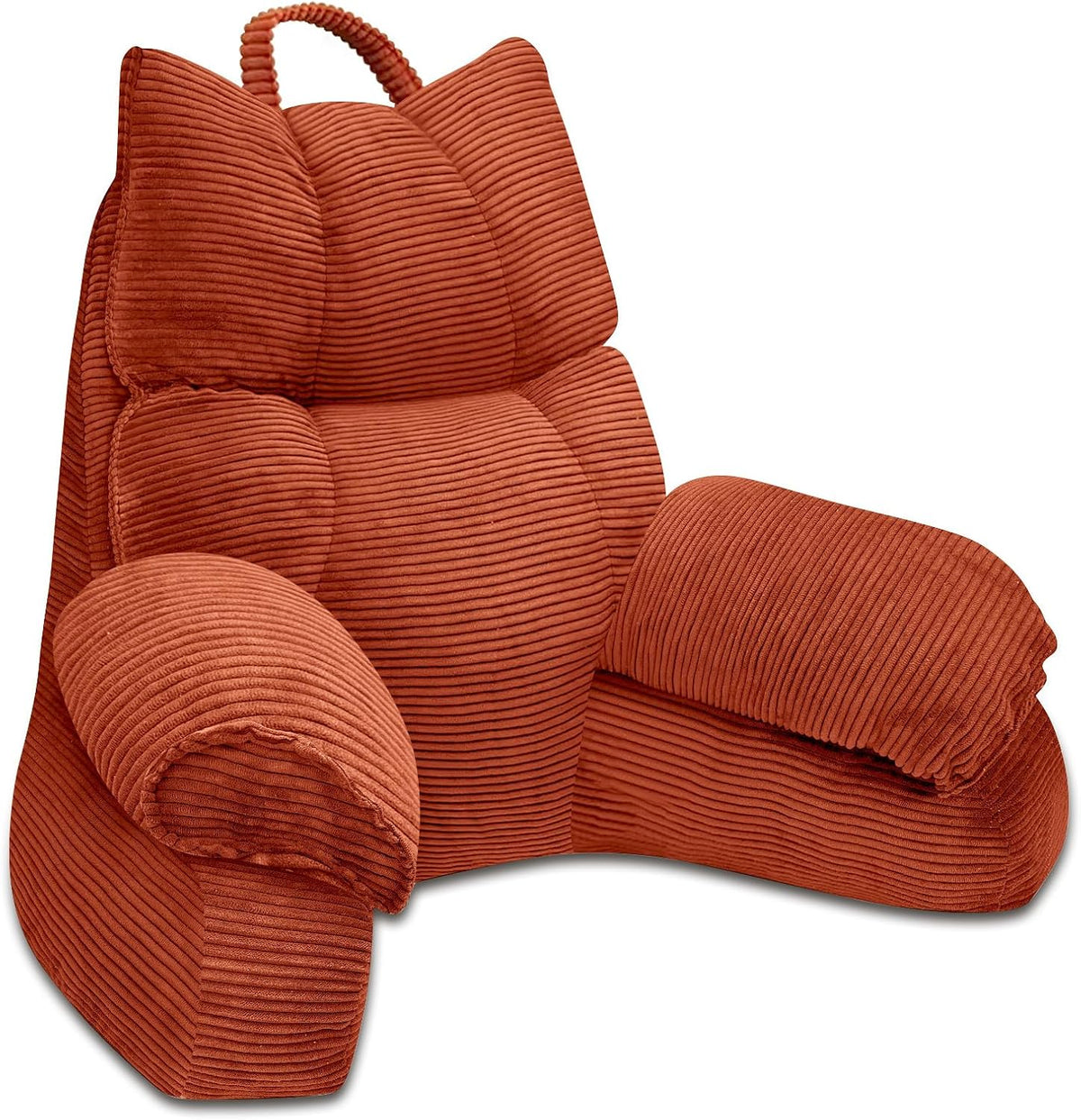 Cushioned bed reading pillow with raised arm supports and ribbed cover