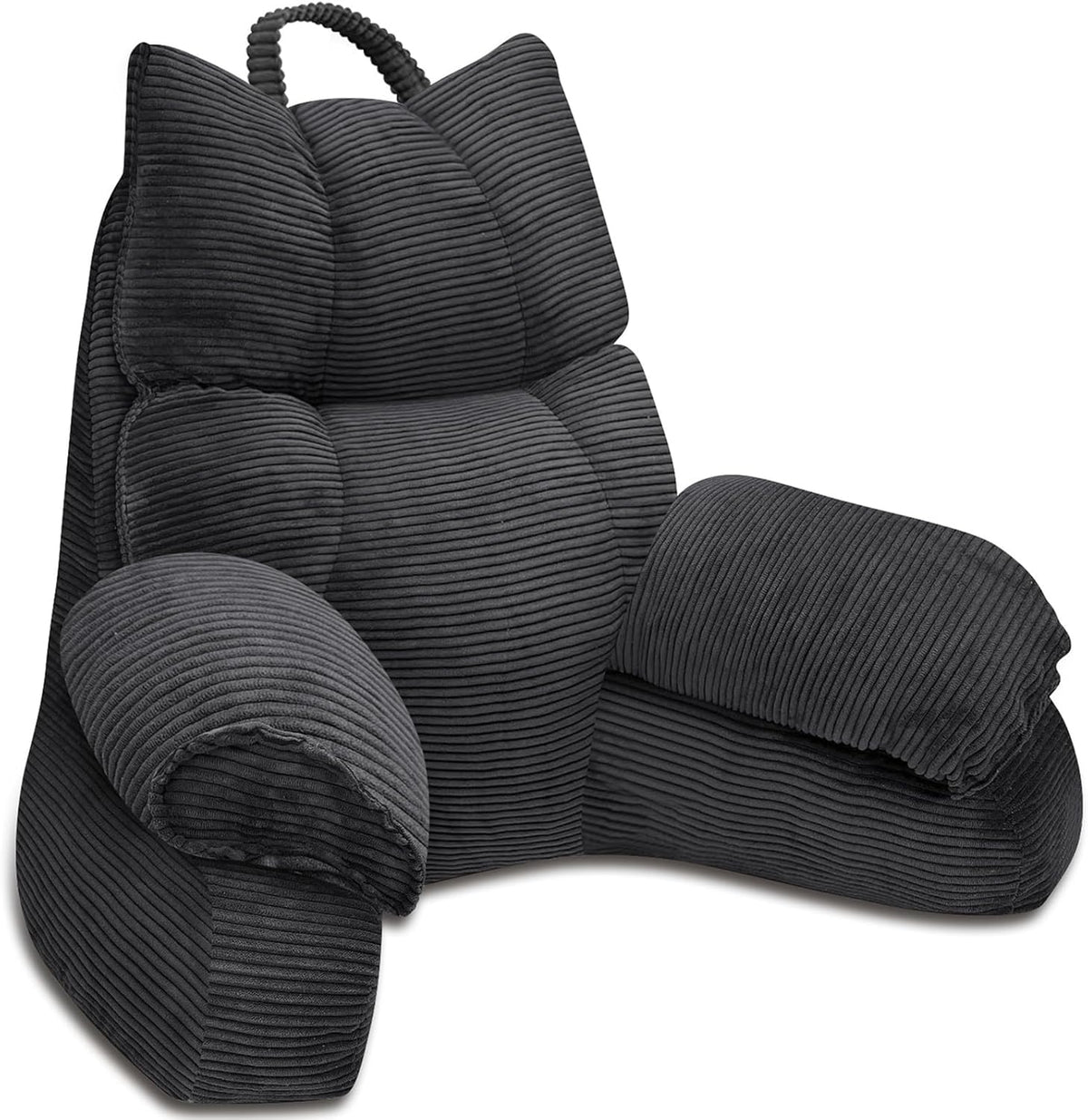 Cushioned bed reading pillow with raised arm supports and ribbed cover
