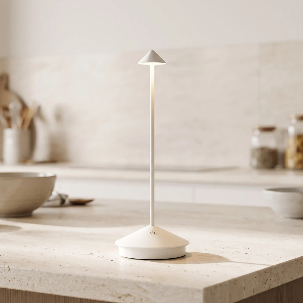 Cordless LED table lamp with slim stem and round base