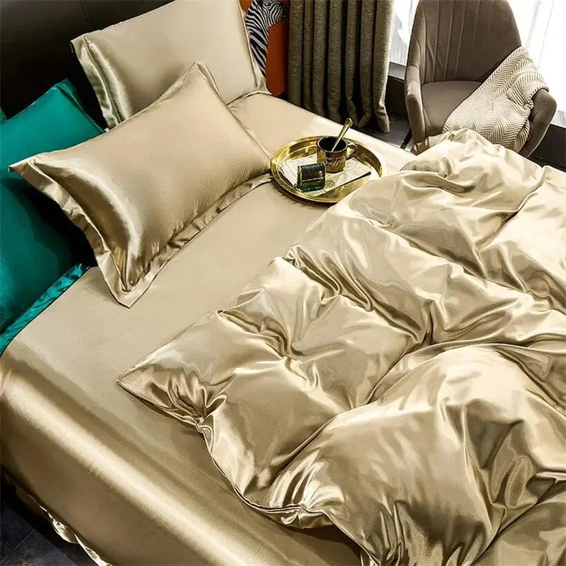 Smooth plain bedding set arranged on a bed with duvet cover, sheet and pillowcases