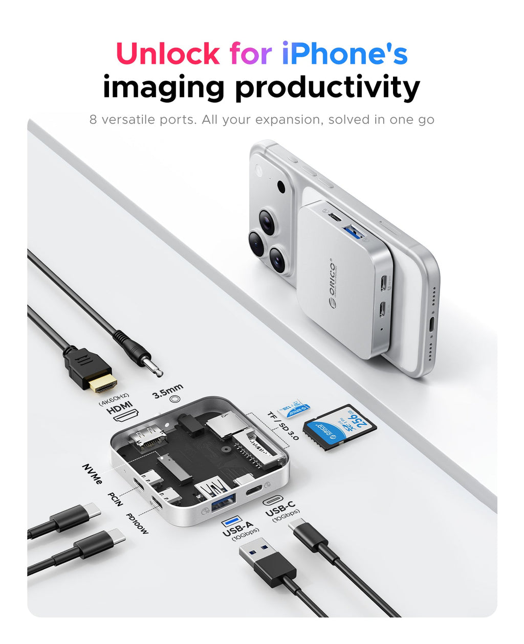 Compact 8-in-1 USB-C hub with M.2 NVMe storage slot and integrated connectors