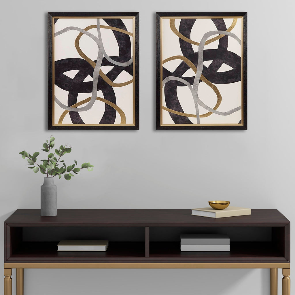 Two-piece abstract geometric framed wall art set in black, gold and grey