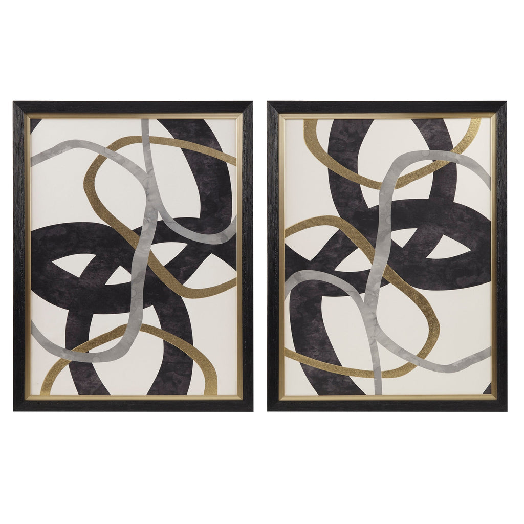 Two-piece abstract geometric framed wall art set in black, gold and grey