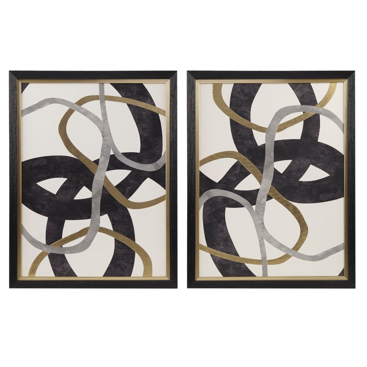 Two-piece abstract geometric framed wall art set in black, gold and grey