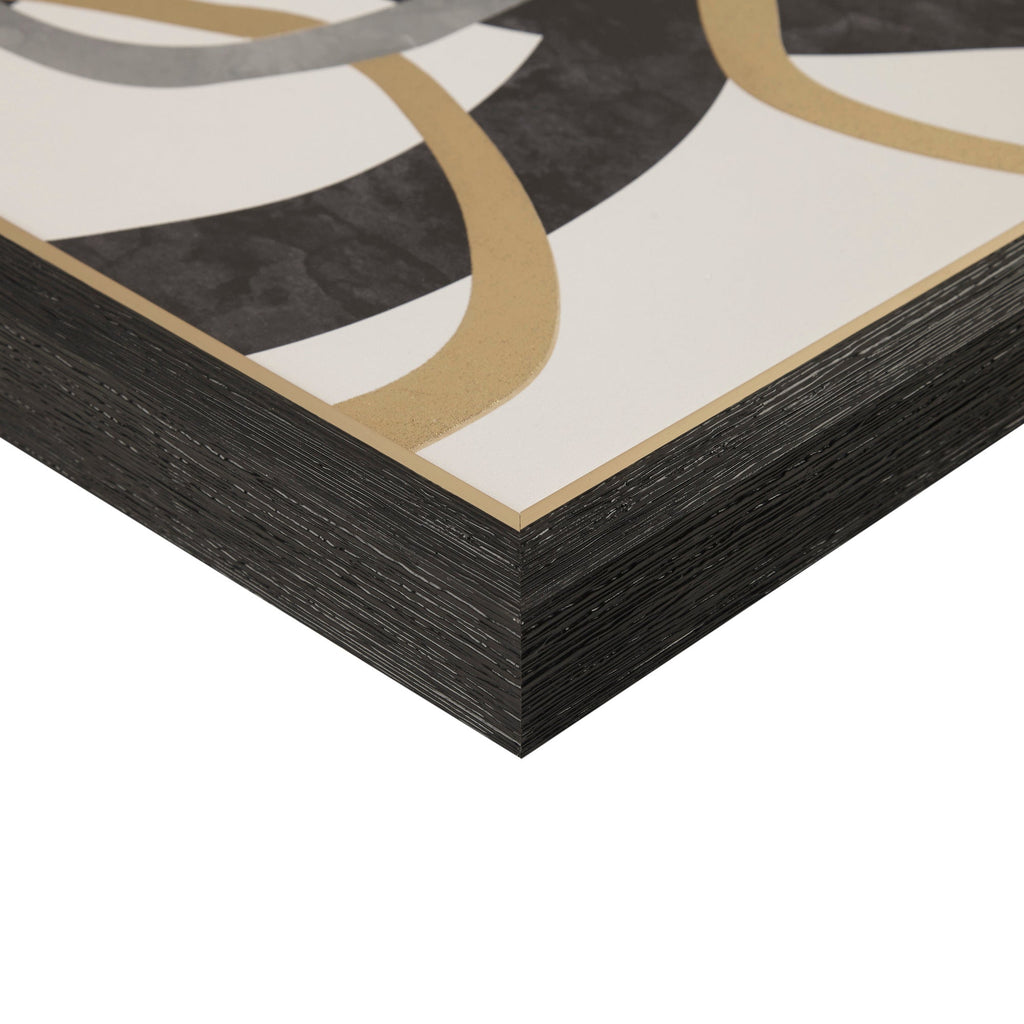 Two-piece abstract geometric framed wall art set in black, gold and grey