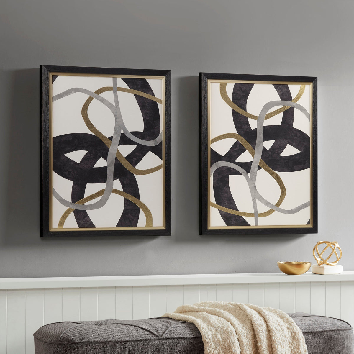 Two-piece abstract geometric framed wall art set in black, gold and grey