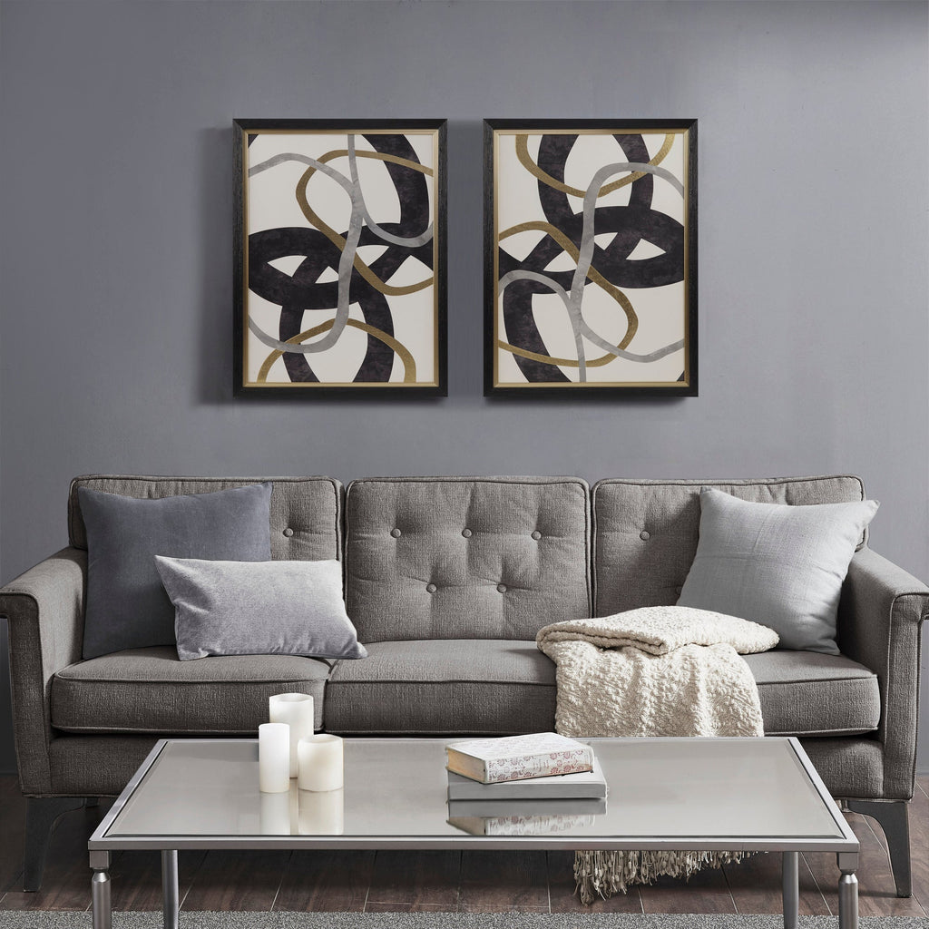 Two-piece abstract geometric framed wall art set in black, gold and grey