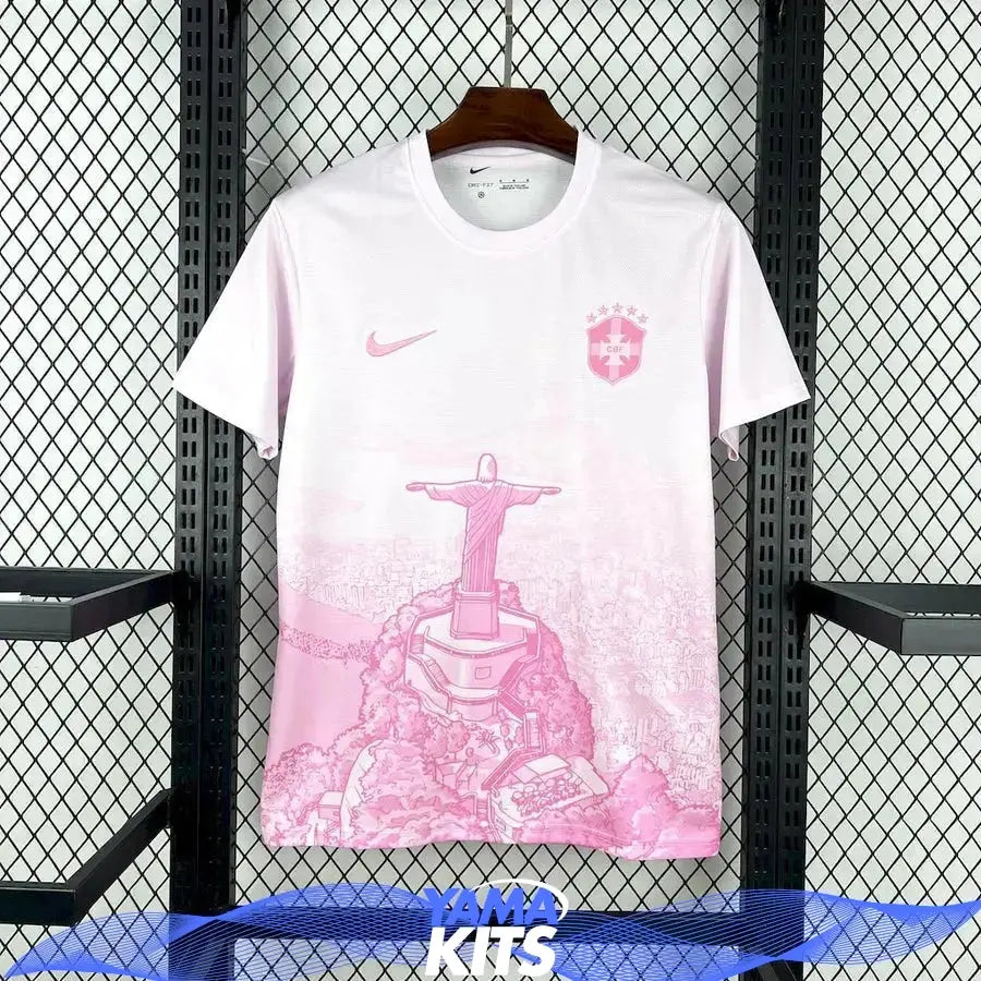 White Brazil football shirt with pink Christ the Redeemer graphic