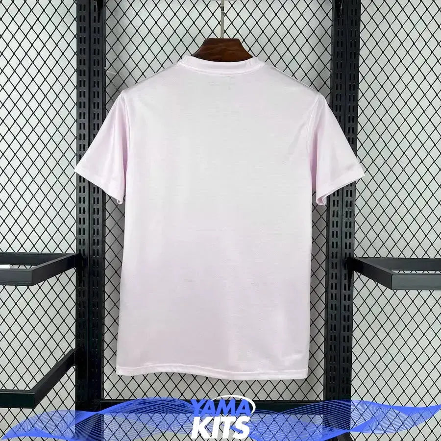 White Brazil football shirt with pink Christ the Redeemer graphic
