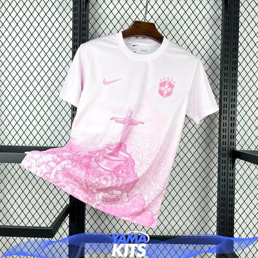 White Brazil football shirt with pink Christ the Redeemer graphic