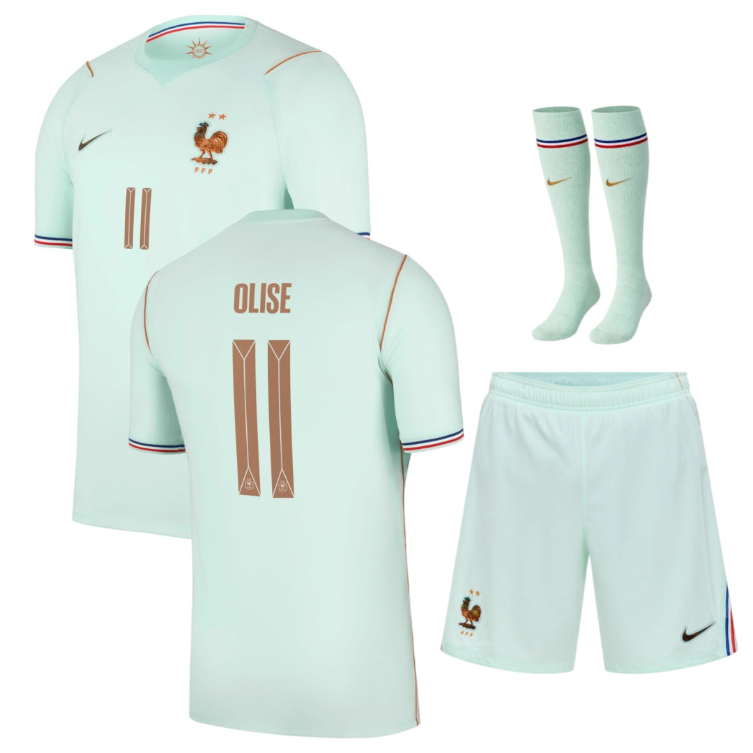 Pale green kids football kit with shirt, shorts and matching socks