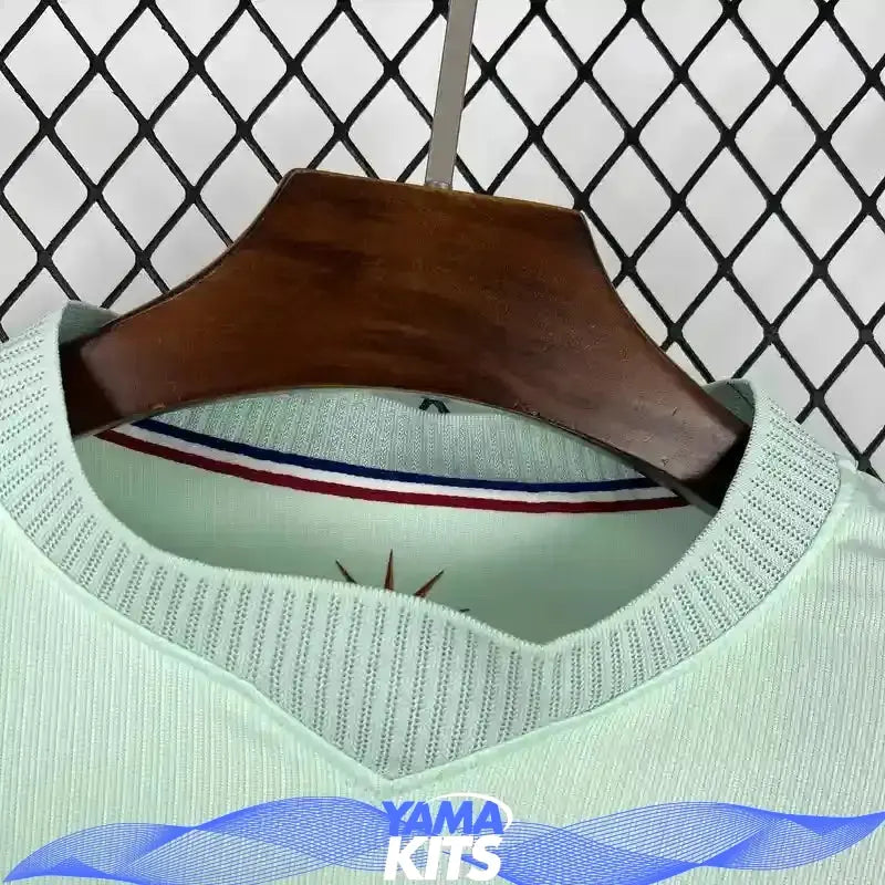 Green short-sleeve France FFF football shirt with striped cuffs
