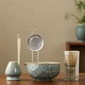 Ceramic mixing bowl with pouring spout and bamboo whisk