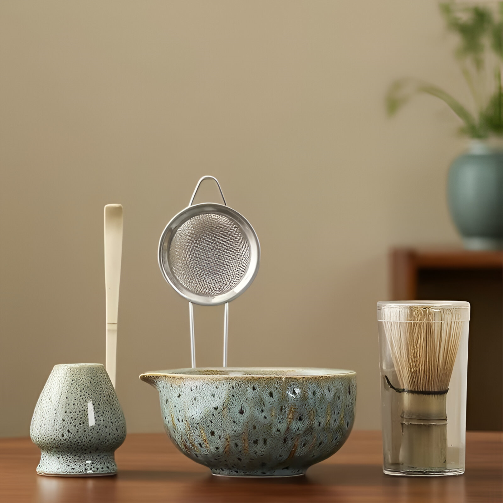 Ceramic mixing bowl with pouring spout and bamboo whisk