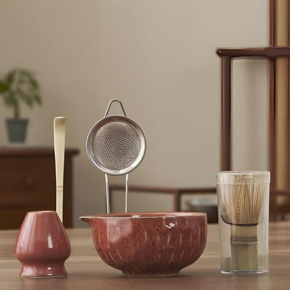 Ceramic mixing bowl with pouring spout and bamboo whisk