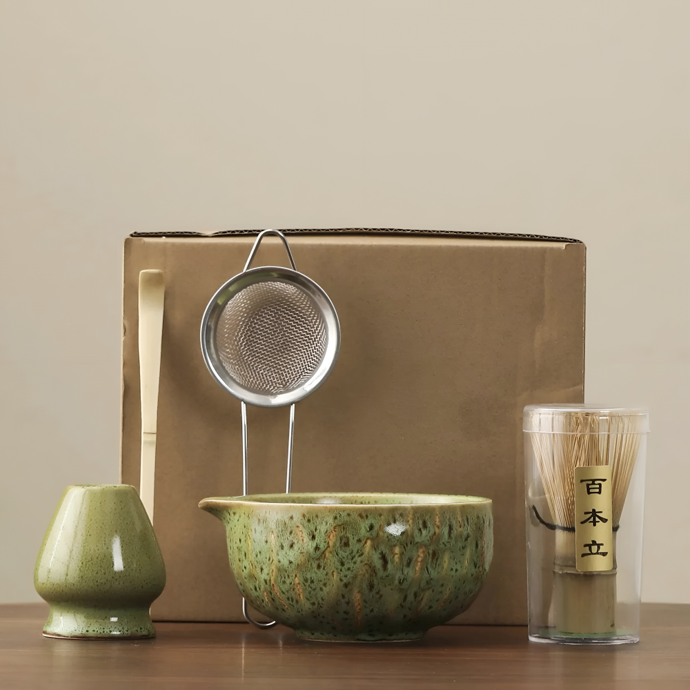Ceramic mixing bowl with pouring spout and bamboo whisk