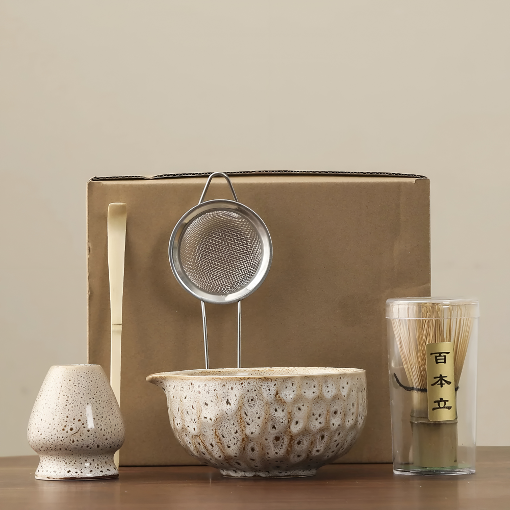 Ceramic mixing bowl with pouring spout and bamboo whisk