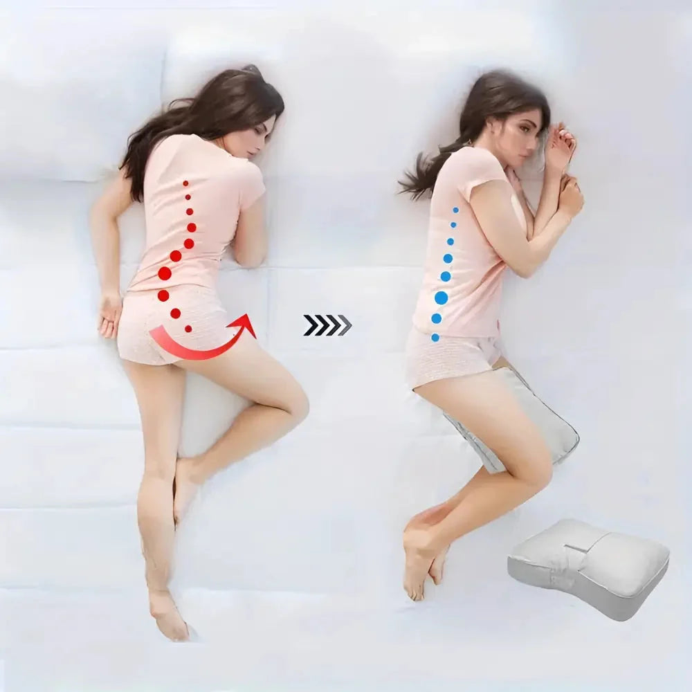 Contoured memory foam knee pillow with attached leg strap between the legs