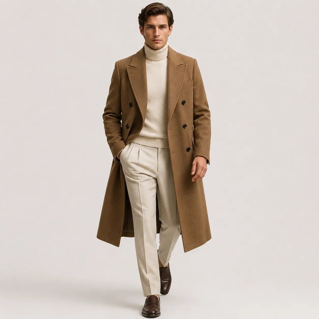 Long double-breasted trench coat with lapel collar and side pockets
