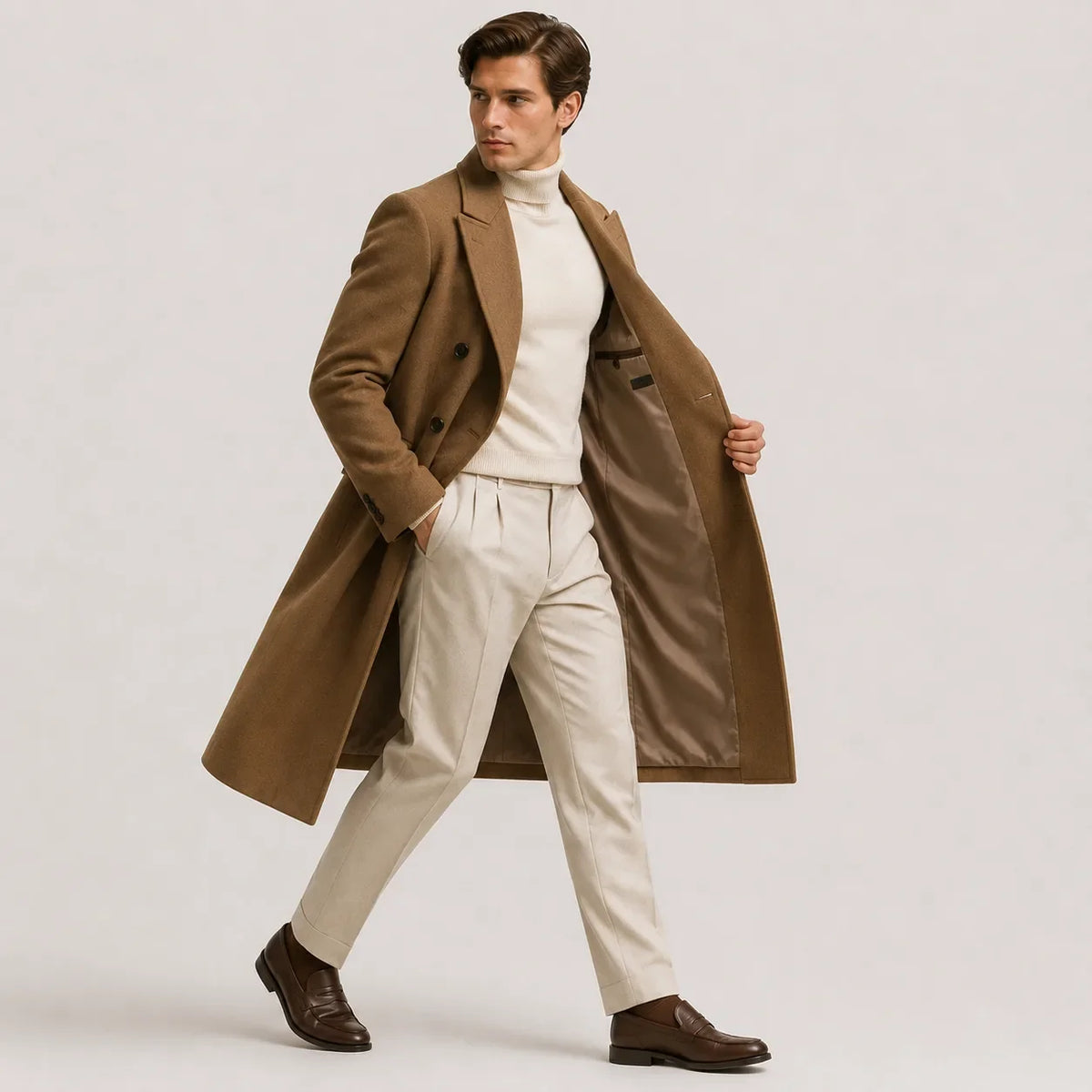 Long double-breasted trench coat with lapel collar and side pockets