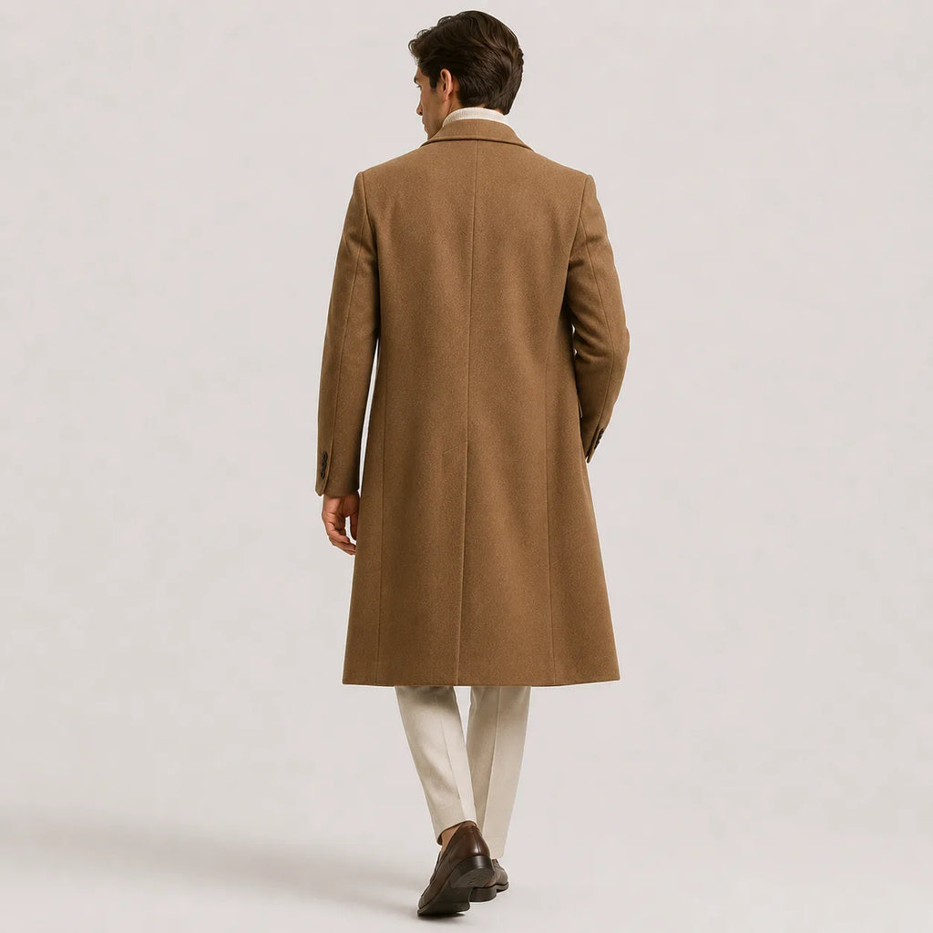Long double-breasted trench coat with lapel collar and side pockets