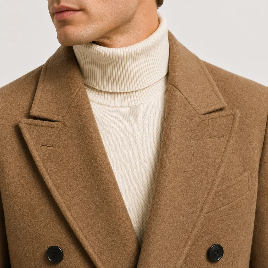 Long double-breasted trench coat with lapel collar and side pockets