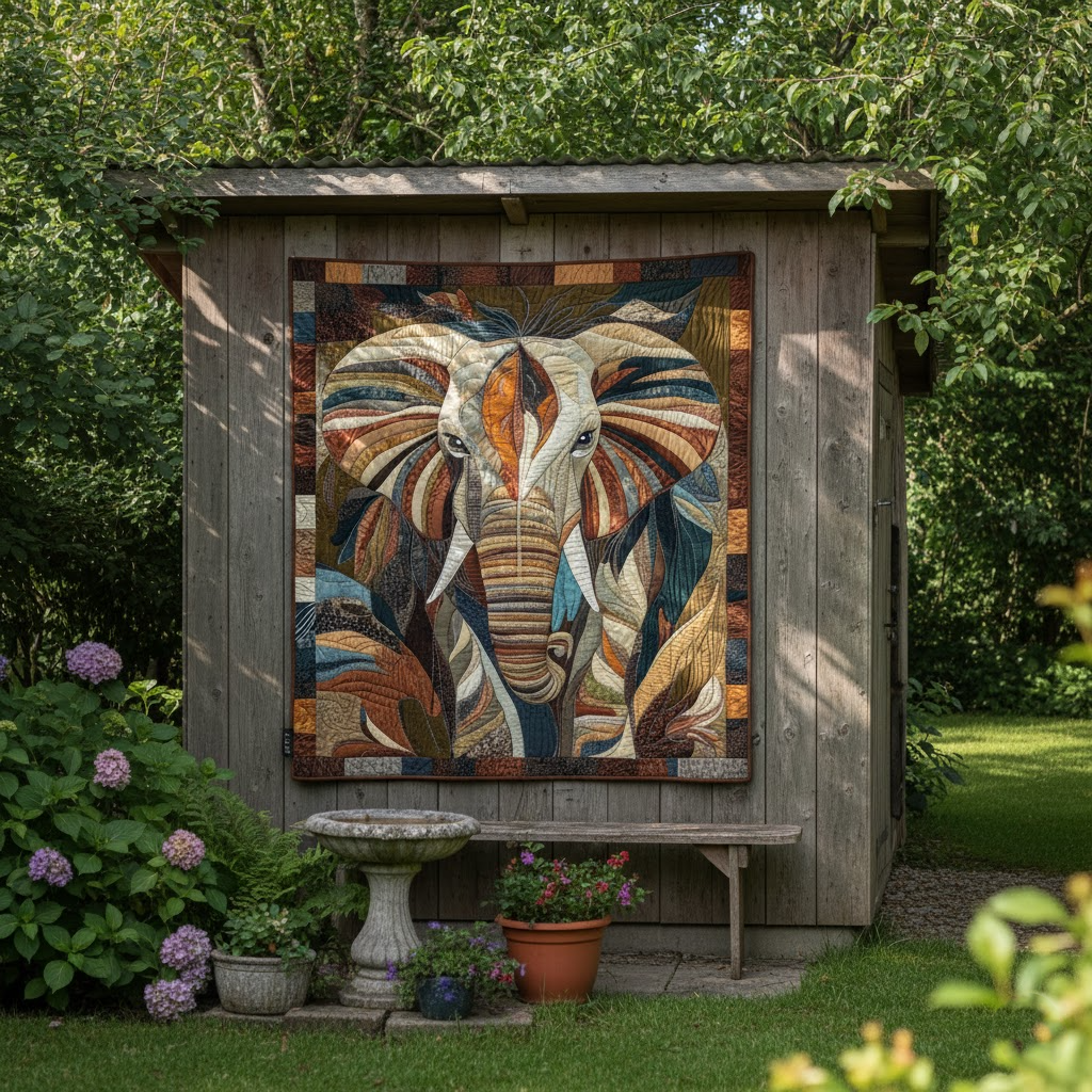 Multicoloured quilted blanket with an elephant patchwork design