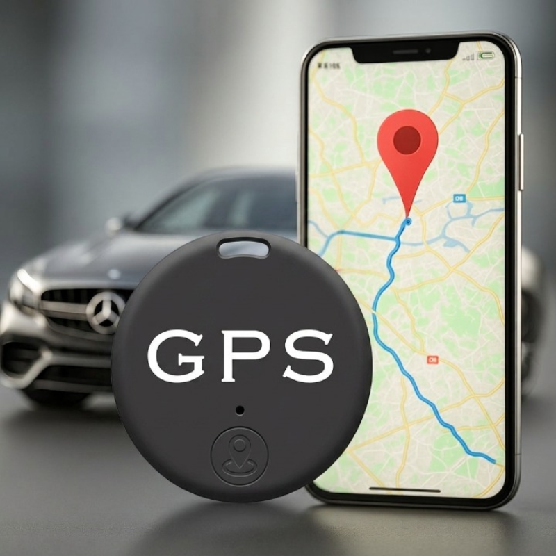 Black circular GPS tracker shown with a mobile map and vehicle